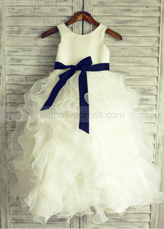 Ivory Satin Organza Ruffled Flower Girl Dress With Detachable Sash